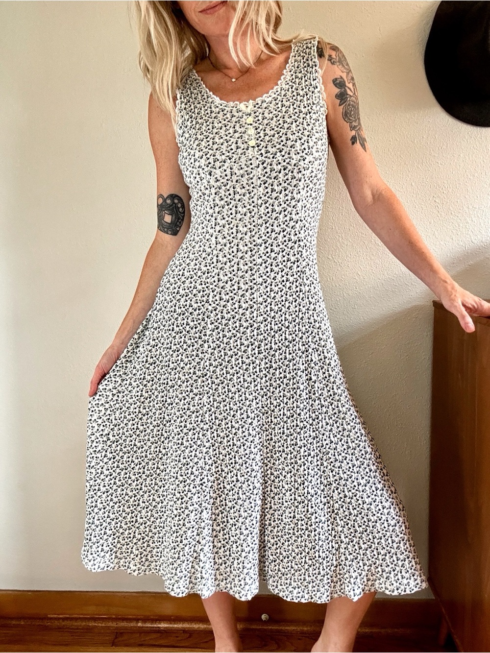 Vintage 90s Blue Ditsy Floral Midi Dress Tie Back Cottage Sundress Small Lace
